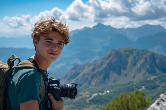 Travel photogrrapher on a top of a mountain and  enjoying the view