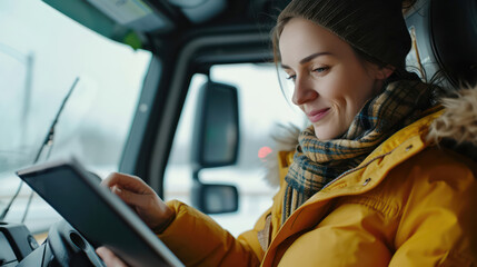 Truck driver use tablet checking delivery list
