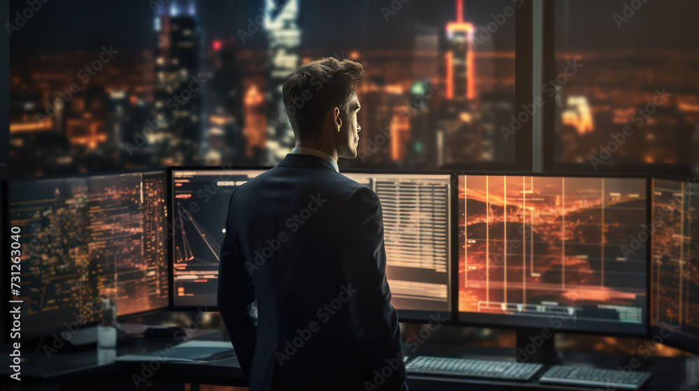 Poster Professional trader strategizing in blockchain market with multiple monitors