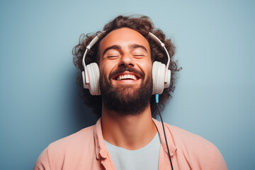 Smiling man with beard listening to music on headphones on simple pastel background