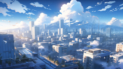 Background cityscape with clouds and buildings, digital illustration movie feeling - Powered by Adobe