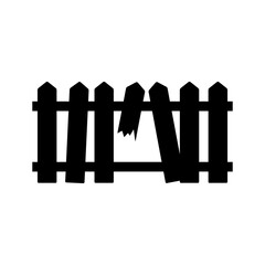 Broken fence icon. Fencing. Black silhouette. Front side view. Vector simple flat graphic illustration. Isolated object on a white background. Isolate.