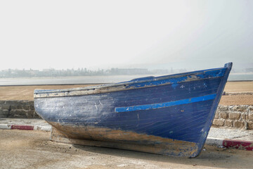Moored boat at beach in Essaouira, Morocco