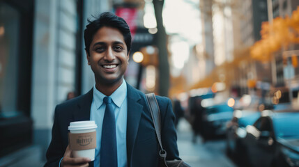Indian businessman headband in Manhattan holding coffee cup