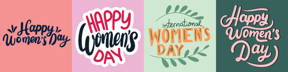 Collection of text banners International Women's Day. Handwriting inscriptions set Happy Women's Day. Hand drawn vector art