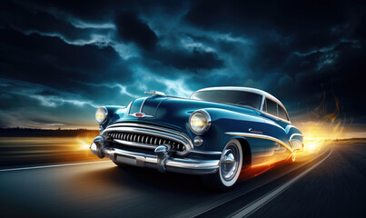 Fototapeta na wymiar Vintage beautiful car in movement with amazing background
