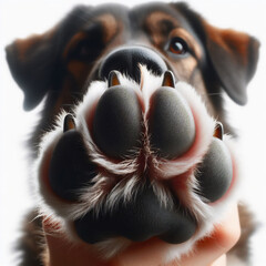 Rottweiler dog paw and face on the back, isolated on white background