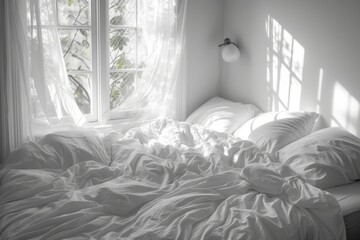 Unmade bed with white linens standing by the window and illuminated by bright sunlight. Concepts: interior, lazy morning, tranquility, comfort, quiet luxury