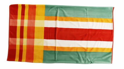 On a white background, there is a beach towel with red, white, yellow, green, and orange stripes