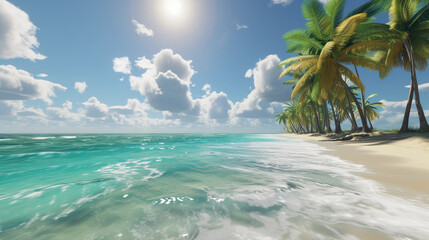 tropical beach with the horizon expanding into a turquoise sea, white sandy beach lined with palm trees, under a bright sunny sky