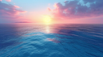expansive horizon where the sky meets the ocean at sunset, vibrant colors reflecting on the water, serene and peaceful