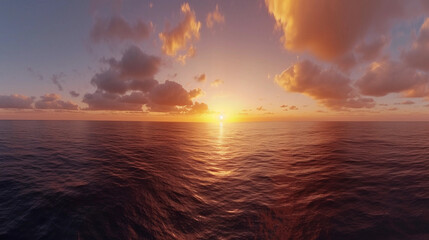expansive horizon where the sky meets the ocean at sunset, vibrant colors reflecting on the water, serene and peaceful