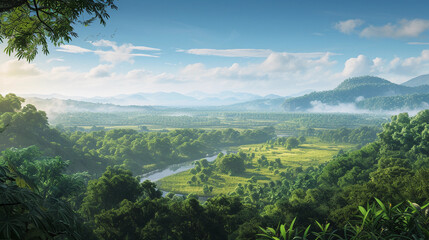 panoramic view of a lush forest valley expanding into the horizon, with a river meandering through and a diverse array of wildlife visible