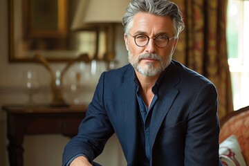 A distinguished senior man, dressed in a tailored suit and dress shirt, stands confidently against a wall, his glasses adding an air of sophistication to his appearance as he exudes timeless style an