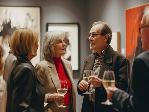 Art gallery opening night, sophisticated crowd viewing modern art, wine glasses in hand, artist discussing works with attendees