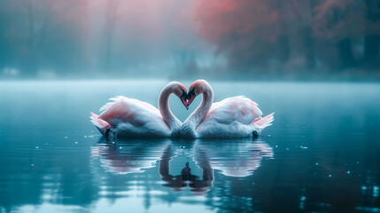Two swans in love on the lake in autumn. Beautiful couple of swans on the lake.