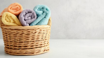 Fototapeta na wymiar A wicker basket containing bath towels of various colors, set against a light background