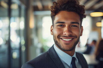 ambitious young adult in a sharp suit, smiling confidently at the camera, with a bustling corporate office setting in the background