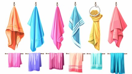 Cartoon fabric towels hanging on rings, rolled color cloth towels, and folded towel vector illustration set depicting various bath towels. These towels are used for hygiene in the bathroom