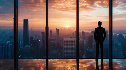 executive office, standing beside a large window overlooking the city skyline, symbolizing vision and ambition, highly detailed urban view