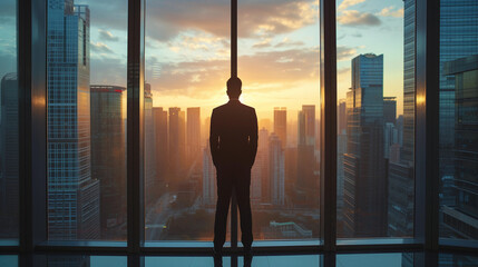 Fototapeta na wymiar executive office, standing beside a large window overlooking the city skyline, symbolizing vision and ambition, highly detailed urban view