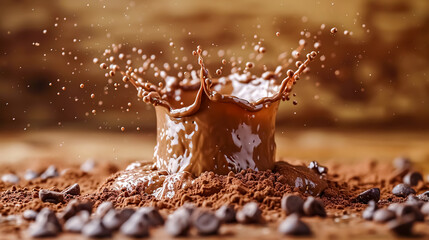 chocolate splashing on a wooden table, closeup of photo. 