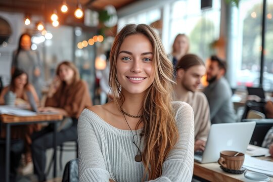 A joyful woman sitting in a cozy restaurant, beaming at the camera while surrounded by furniture and a laptop, exuding confidence and warmth in her stylish clothing