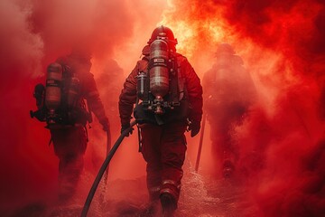 Captured in silhouette, heroic firefighters battle raging flames, wielding a massive hose that sprays water amidst thick red smoke. The low-angle shot adds intensity to the dynamic composition - obrazy, fototapety, plakaty
