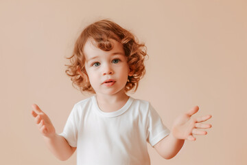 Curly Boy Explaining with Open Arms in Captivating Portrait