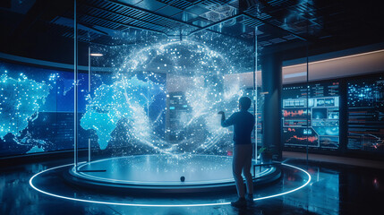 futuristic weather forecast studio, holographic weather maps floating in the air, forecaster interacting with 3D graphics of weather systems, sleek and modern design with ambient lighting, showcasing 