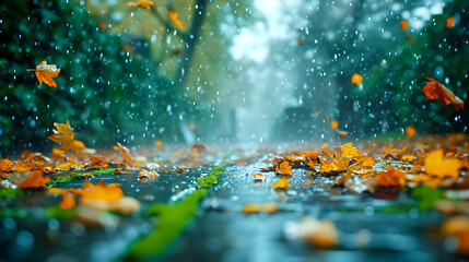 Obraz na płótnie Canvas Fallen leaves in the rain. Autumn background. Selective focus. Raindrops on the pavement. Rain in the rainy season. Raindrop on the road in the park.