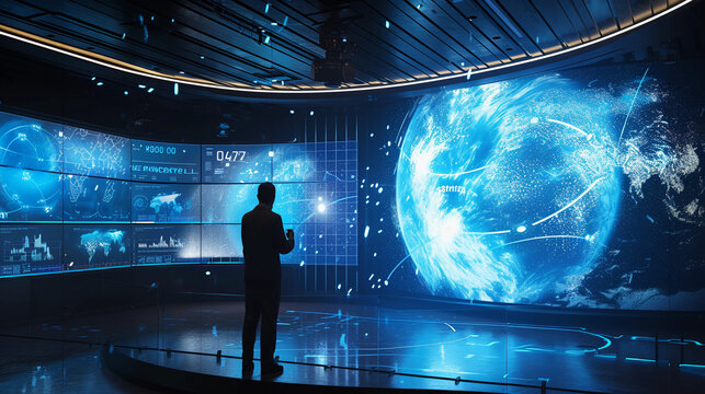 futuristic weather forecast studio, holographic weather maps floating in the air, forecaster interacting with 3D graphics of weather systems, sleek and modern design with ambient lighting, showcasing 