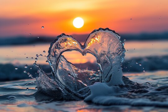 powerful sea wave generates multiple splashes, crafting a delicate, transparent water sculpture in the shape of a heart. Within its form, the first rays of dawn dance and refract