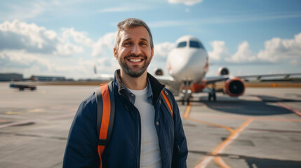 The guy with the backpack against the backdrop of a large plane. A smiling young guy excited about flying. Airplane against the sky. Travel to distant countries.