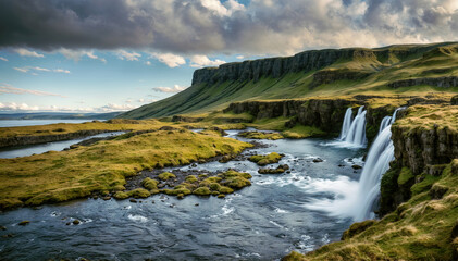 Aerial view of beautiful waterfall in iceland. Travel and adventure concept