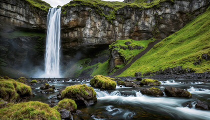 Beautiful Scenic view of waterfall in iceland surrounded by fresh grass. Travel and adventure concept