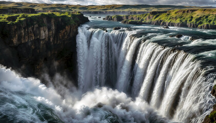 Aerial view of beautiful waterfall in iceland. Travel and adventure concept
