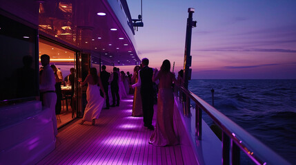 Luxurious yacht party at dusk, elegantly dressed guests, sparkling ocean backdrop, live DJ, and a...