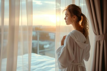 A contemplative woman in a flowing white robe stands at an indoor window, gazing at the sun as it peeks through the curtains, her presence exuding a sense of serenity and elegance against the backdro