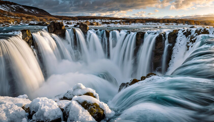 Scenic view of waterfall in iceland during winter at sunset. Travel and adventure concept