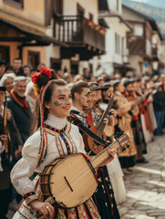 Traditional cultural parade in a small town, participants in folk costumes, spectators lining the streets, musicians playing regional instruments
