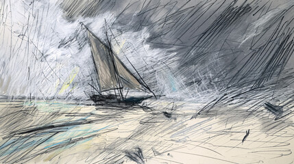 sailing boat on the beach in stormy weather, digital painting