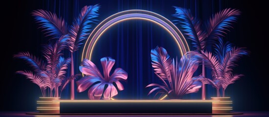 of a gold icon surrounded by plants and curtains in neon lighting
