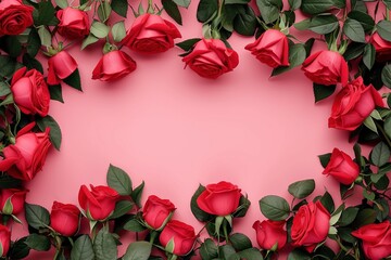 red roses in a circle making a border on a pink background love theme
