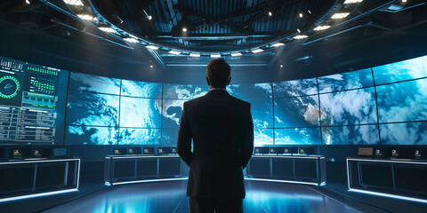 weather forecaster in a modern TV studio, surrounded by high-tech screens showing dynamic weather maps, wearing a sharp suit, engaging and professional, under bright studio lights, with a clean, sleek - obrazy, fototapety, plakaty