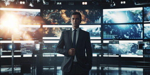 weather forecaster in a modern TV studio, surrounded by high-tech screens showing dynamic weather maps, wearing a sharp suit, engaging and professional, under bright studio lights, with a clean, sleek - obrazy, fototapety, plakaty