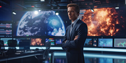 weather forecaster in a modern TV studio, surrounded by high-tech screens showing dynamic weather maps, wearing a sharp suit, engaging and professional, under bright studio lights, with a clean, sleek