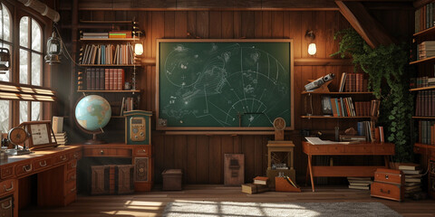weather forecaster in a cozy, homey set-up, using a chalkboard to explain the weather patterns, warm and inviting lighting, surrounded by books and weather instruments, conveying a friendly and educat - obrazy, fototapety, plakaty