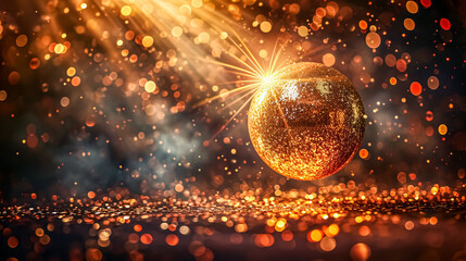 Fototapeta na wymiar Glowing golden ball with bokeh lights on dark background. Christmas and New Year concept. 