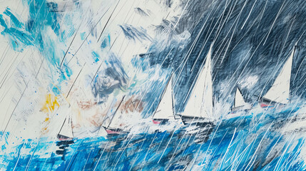 Sailing boats on a stormy sea. Watercolor painting.